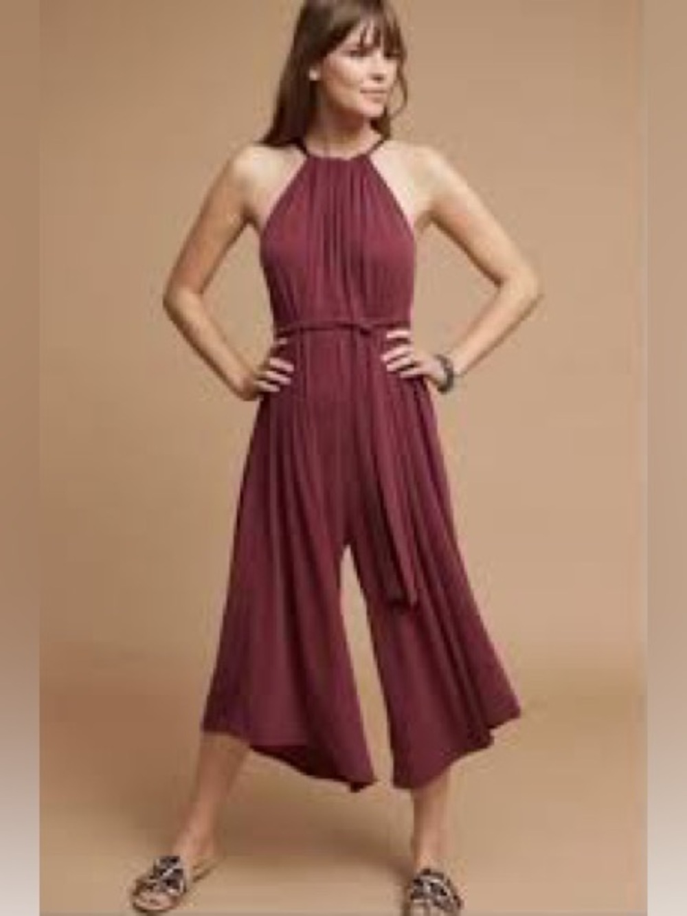 Anthropologie HD in Paris Adelina Jumpsuit Burgundy Wide Leg Halter Culotte S